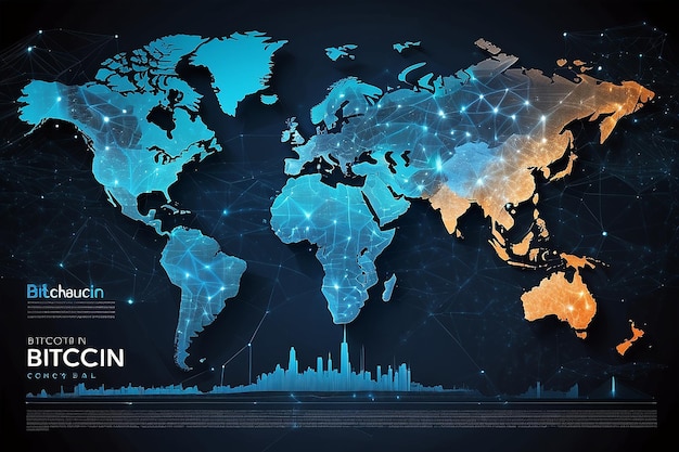 글로벌 비트코인 암호화폐 블록체인 기술 세계 지도 배경 일러스트레이션