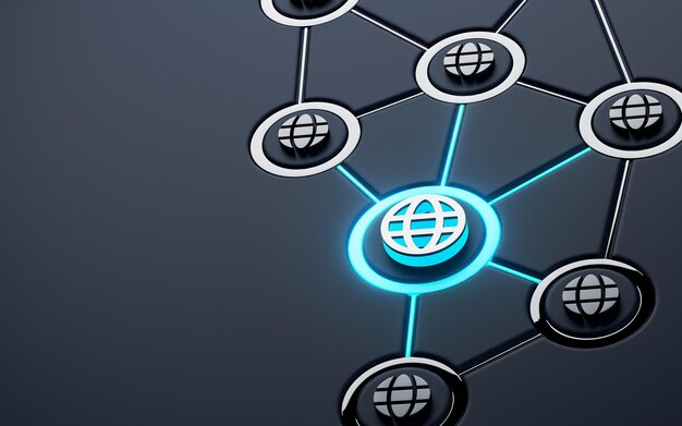 Global browser insegna al neon incandescente social networking iconico sfondo metallico scuro 3d rendering