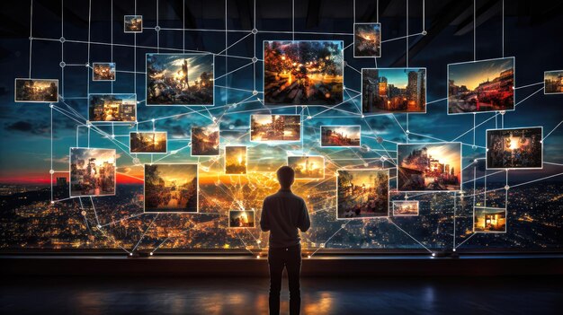 Фото Глобальный бизнес человек, рассматривающий взаимосвязанную сеть мировых городов