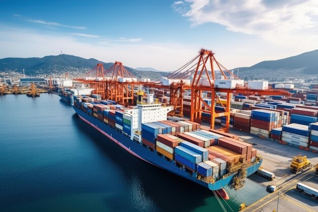 Global business Aerial photo of a busy seaport with cargo ships loading and unloading Logistics operations supporting global trade Global trade and logistics