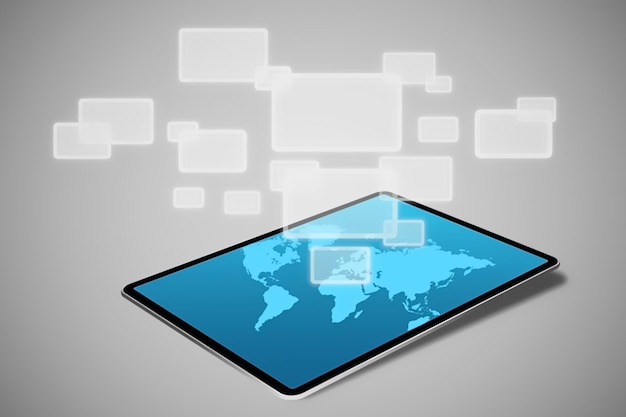 스마트 태블릿 거래 뱅킹 및 비즈니스 이미지에 블루 스크린이 있는 글로벌 비즈니스 및 커뮤니케이션 개념