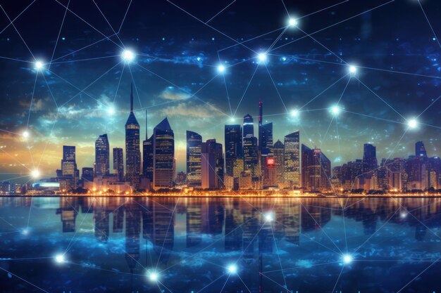 Photo global business concept blockchain connects cities networks and trading