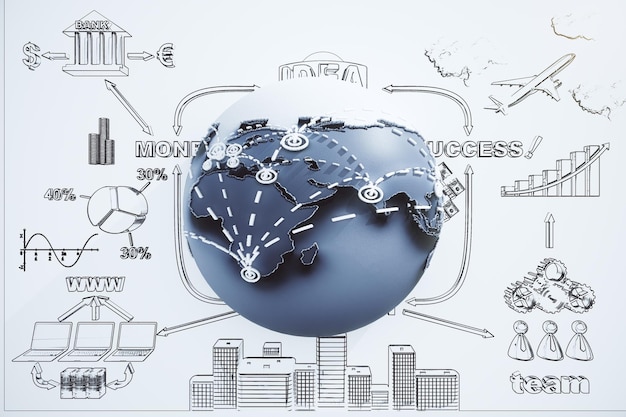 Photo global business concept with globe and drawn the plan