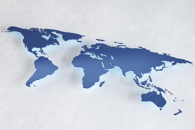 Global business concept with perspective view from top on blue world map hovering over light grey surface 3D rendering