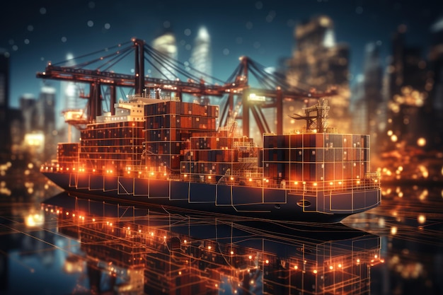 Глобальная бизнес-логистика, импорт-экспорт и контейнерные грузовые грузовые суда, генерирующий искусственный интеллект