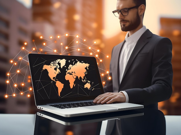 Global business man holding laptop computer with globe and social network icons