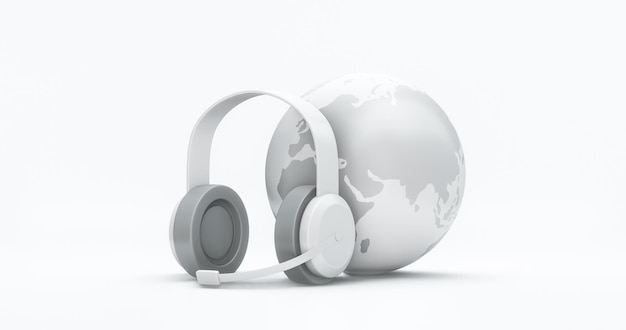 Global callcenter contact headset communicatie icoon van zakelijke help bijstand service ondersteuning symbool of klant hotline ontvanger en telefoon chat operator hoofdtelefoon geïsoleerd op een witte 3d-achtergrond.