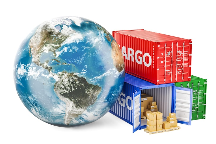 Photo global cargo shipping and delivery concept earth globe with cargo containers 3d rendering