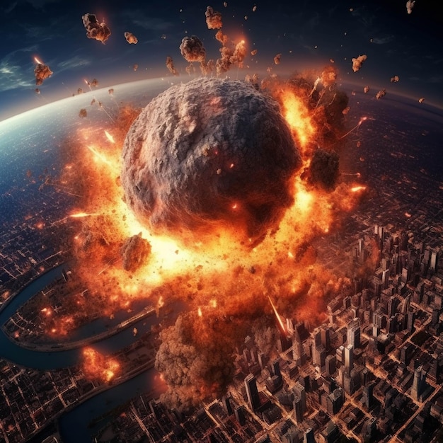 Photo global catastrophe 3d render of an asteroid explosion in the city