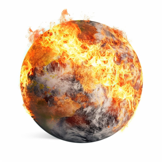 Global catastrophe concept illustration Earth on fire or burning isolated on white background