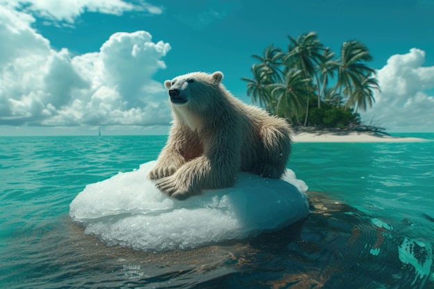 Global climate crisis Startled polar bear on drifting ice in a tropical sea out of place