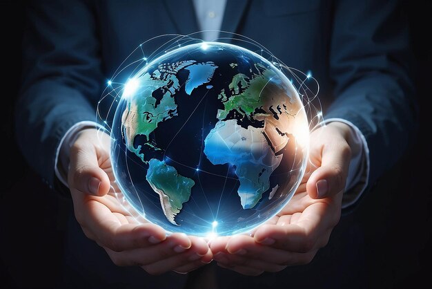 Global communication network Hands holding crystal earth globe and circle global network connectionEnergy and ecology concept Protecting earth planet and development ecological energy