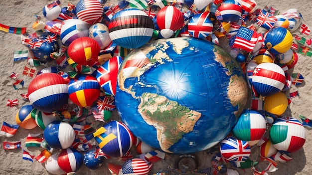 Photo global communication unveiled speech bubbles and flags around the earth
