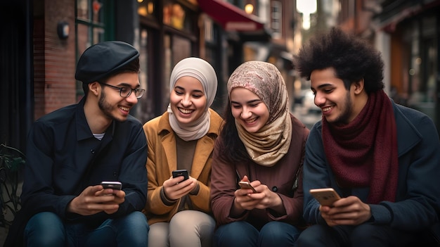 Global Connection Vrienden van verschillende etniciteiten delen gelach op telefoons