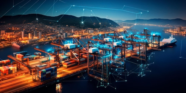 Корабли с концепцией Global Connectivity пришвартованы в порту. Создано с использованием генеративной технологии искусственного интеллекта.