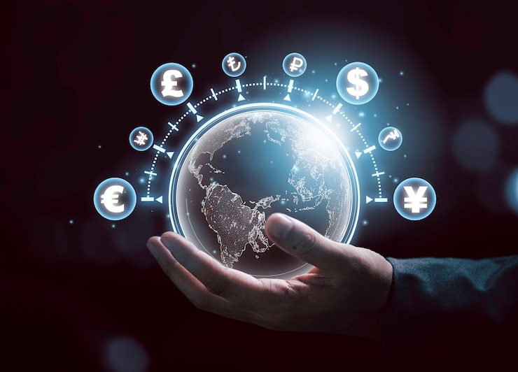 Photo global currency exchange concept, businessman holding world with virtual line effect and dollar yuan yen euro and pound sterling sign.