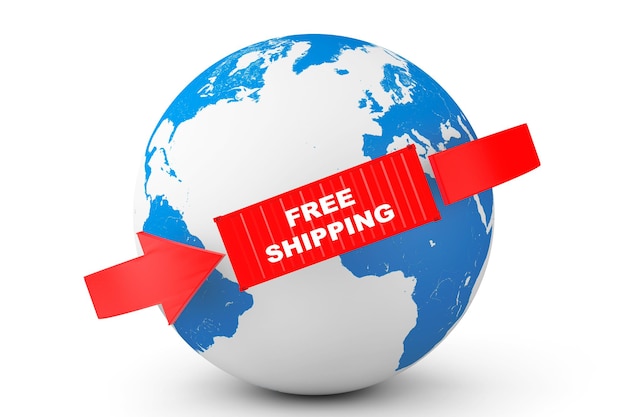 Global delivery. Free Shipping Container with Earth Globe on a white background