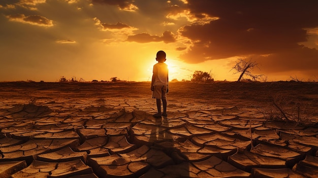 Foto problema globale della siccità un bambino sulla terraferma foto di alta qualità