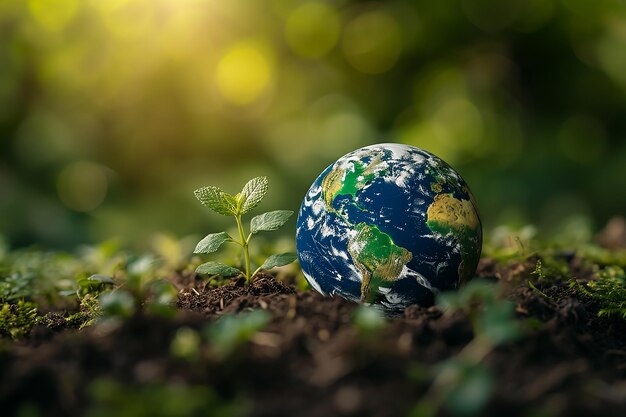 Global Earth On Soil In Forest With Ferns And Sun Shine