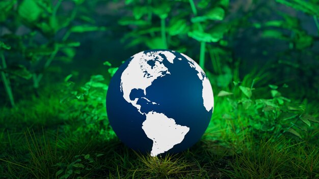 Global environmental protection concept background image with a globe on grass in a forest 3d rendering