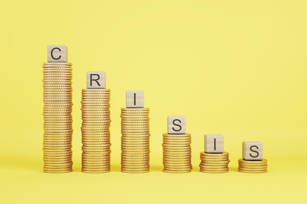 Foto concetto di crisi finanziaria globale con pile di monete d'oro e cubi di legno con parola di crisi su sfondo giallo rendering 3d