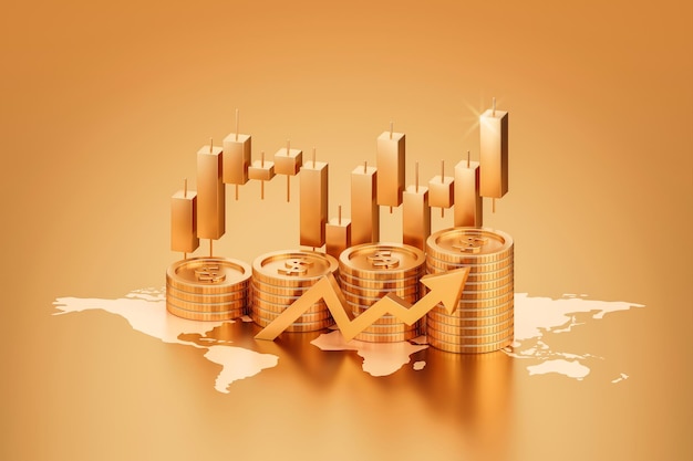 Global gold business investment market stock currency on growth finance economy 3d money background with financial profit diagram or golden graph bank exchange and invest chart price foreign trade