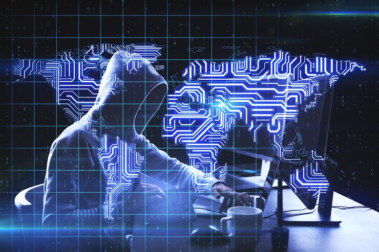 Photo global hacker attack concept with coding noface hacker and digital microchip world map at programming screen background