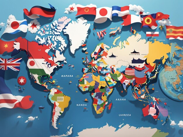 Global Harmony 3D Rendering of a World Map with States and Flags