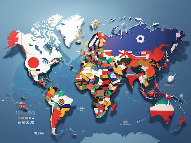 Global Harmony 3D Rendering of a World Map with States and Flags