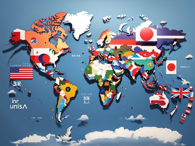 Global Harmony 3D Rendering of a World Map with States and Flags