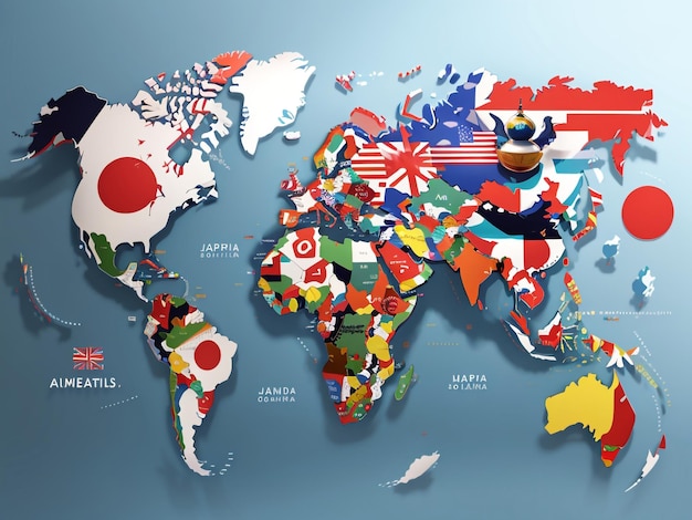 Глобальная гармония 3D-рендерирование карты мира с государствами и флагами