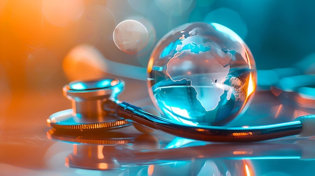 Foto concetto globale di assistenza sanitaria con stetoscopio e globo di vetro equipaggiamento medico moderno in ambito clinico rappresentazione dei servizi sanitari ai