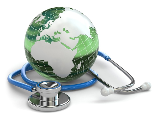 Global healthcare. Earth and stethoscope on white isolated background. 3d