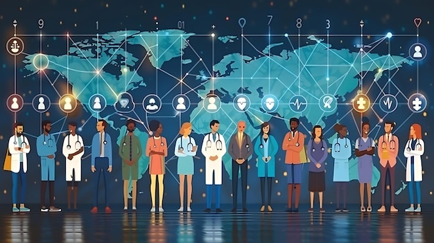 Photo global healthcare unity doctors gather around world map