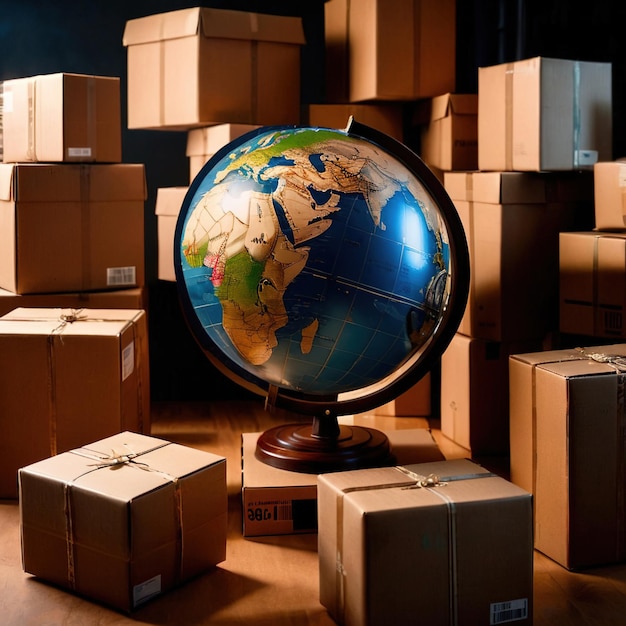 Foto logistica e consegna internazionali globali mostrate da un globo circondato da scatole di cartone