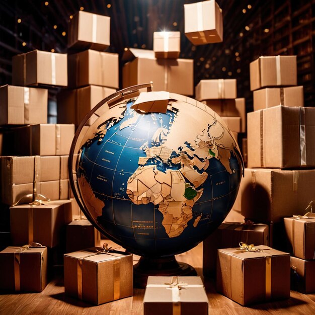 Photo global international logistics and delivery shown by globe surrounded by cardboard boxes