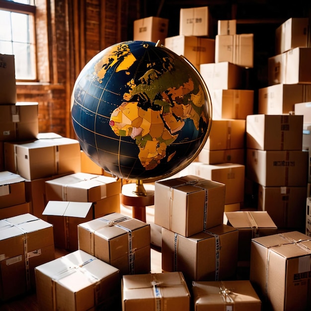 Global international logistics and delivery shown by globe surrounded by cardboard boxes