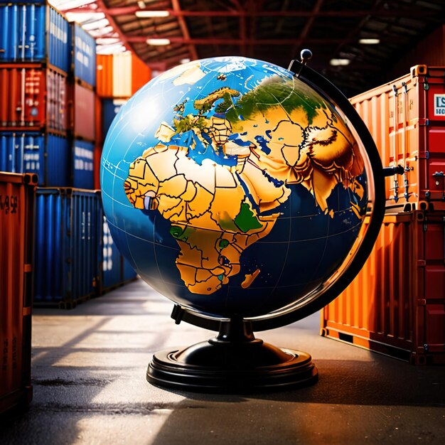 Global international logistics and delivery shown by globe surrounded by cargo containers