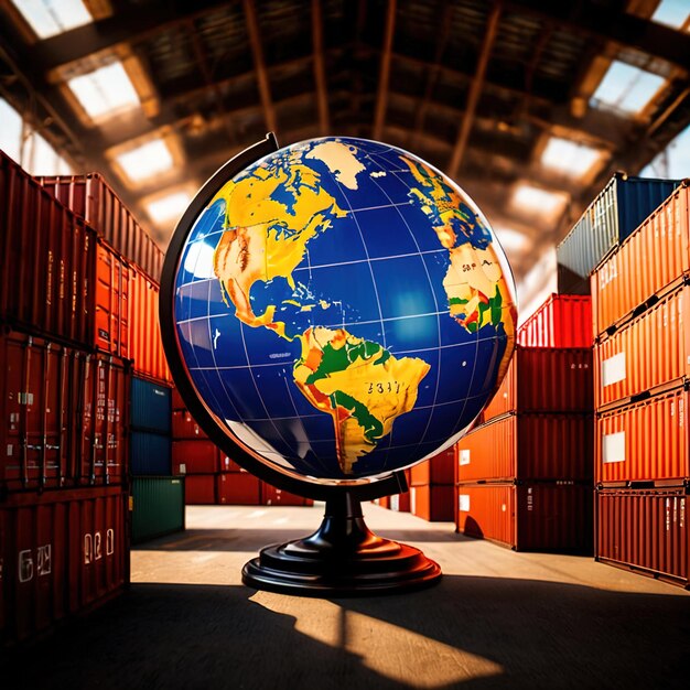 Global international logistics and delivery shown by globe surrounded by cargo containers