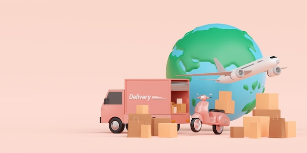 Logistica globale, consegna e trasporto merci, illustrazione 3d