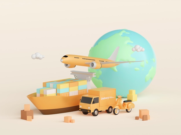 グローバルロジスティクス配送と貨物輸送の3Dイラスト
