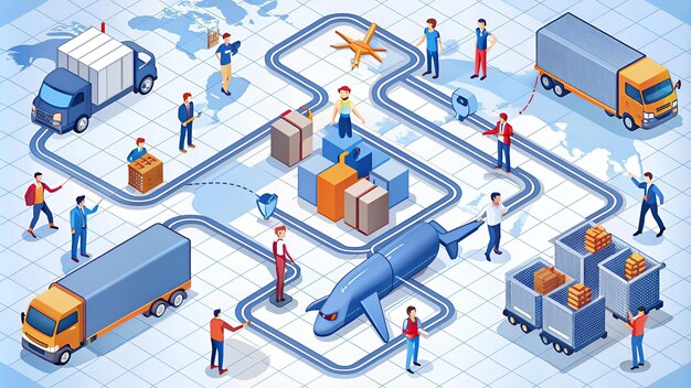 Photo global logistics delivery isometric seamless pattern line 3d icon people character arrows distr