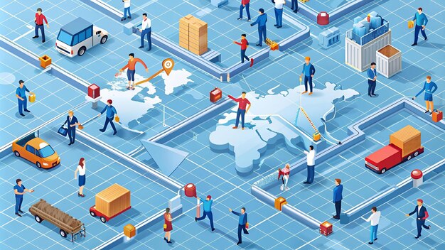 Photo global logistics delivery isometric seamless pattern line 3d icon people character arrows distr