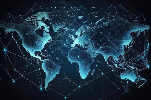 ネットワーク連絡先の暗い青色の背景を持つ世界地図の図 生成 AI