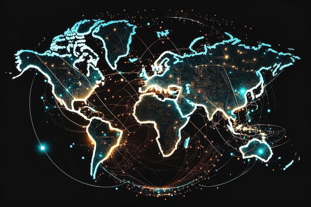 世界地図 インターネット効果のある地球通信技術 未来的で現代的な ジェネレーティブ AI