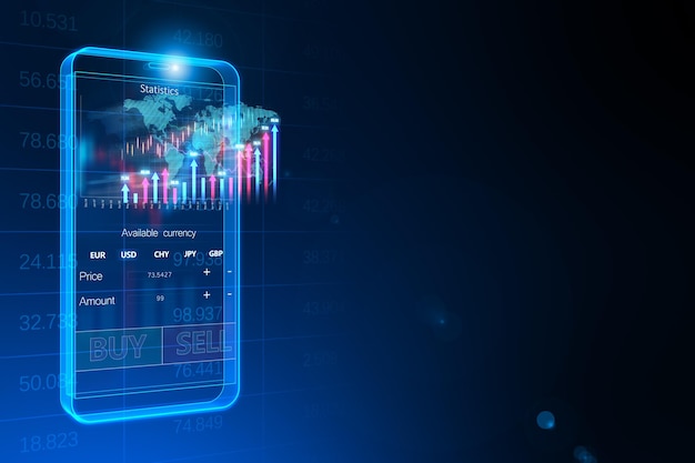 Global market and trading online concept with blank dark backdrop and digital glowing smartphone layout with virtual stock market graphs and indicators 3D rendering mockup