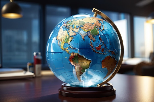グローバル・マーケット 世界を描いたガラスの球が机の上に