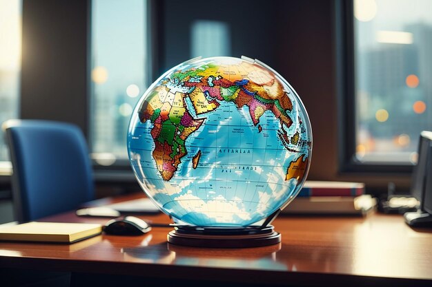 Photo global markets a glass globe illustrating the world on a desk