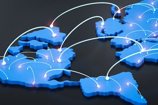 Photo global network concept with 3d rendering world map with connection lines