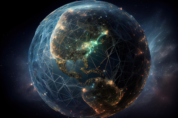 글로벌 네트워크 개념 세계지도 포인트 글로벌 네트워크 행성 지구 3D 렌더링 Generative Ai
